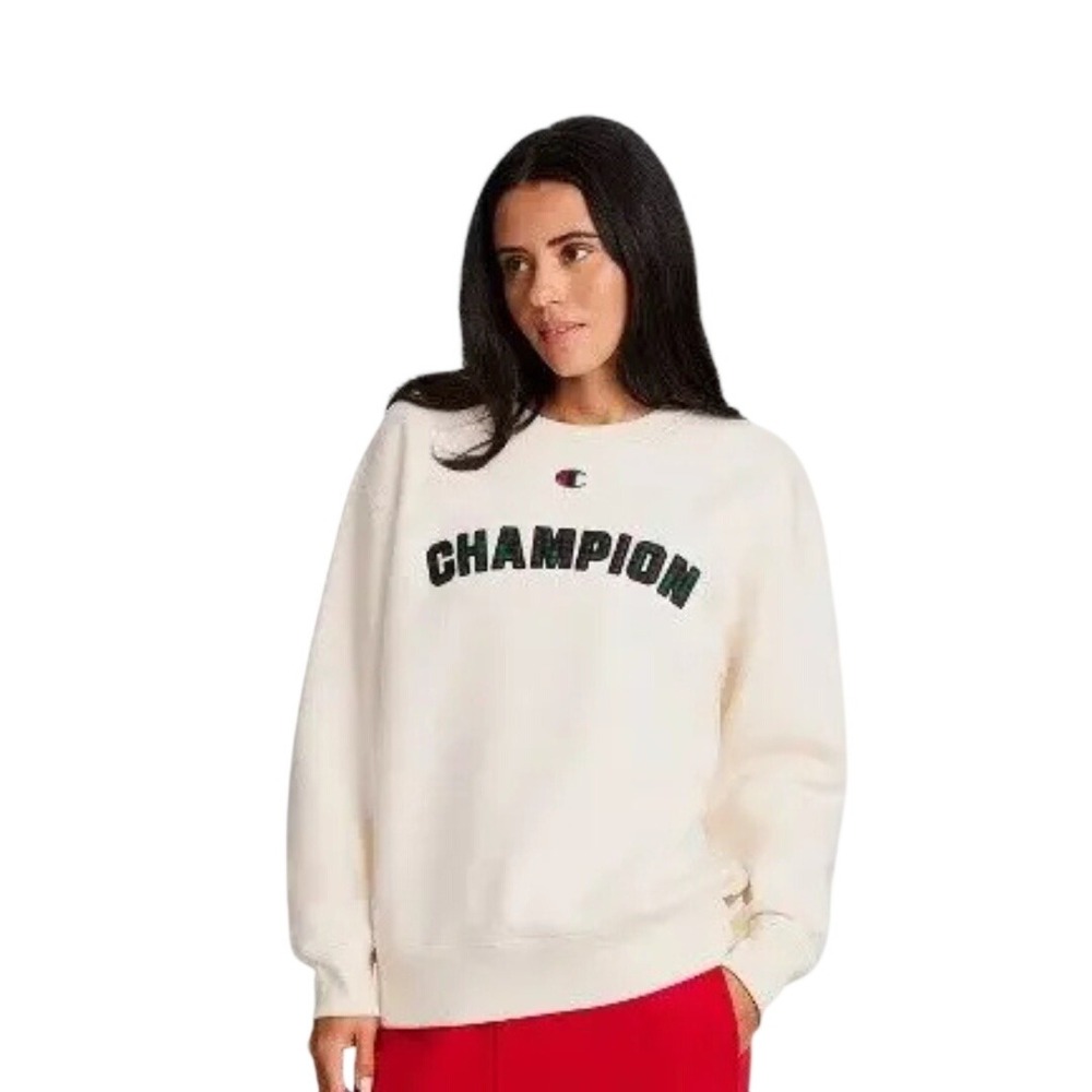Champion Women's Cream Plaid Logo Pullover Long Sleeve Sweatshirt Size XS